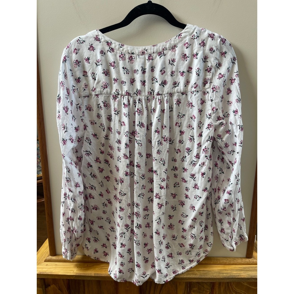 Lucky Brand Floral Blouse Women's Large White Pink Pintuck Smocked Top - Picture 4 of 6